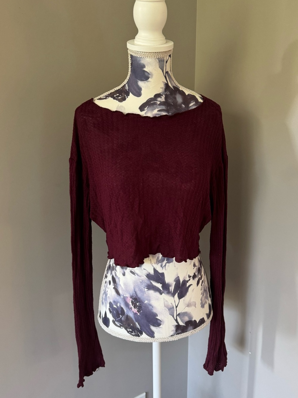 Women's Burgundy Ribbed Cropped Boatneck Shirt